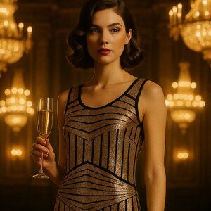 ✨ Loveriche Gold & Black Sequin Geometric Mini Dress • Women’s M • NYE • Gatsby